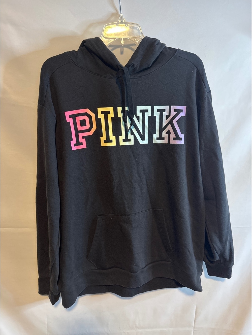 PINK Victorias Secret Womens Large Black Multicolor Logo Pullover Hoodie